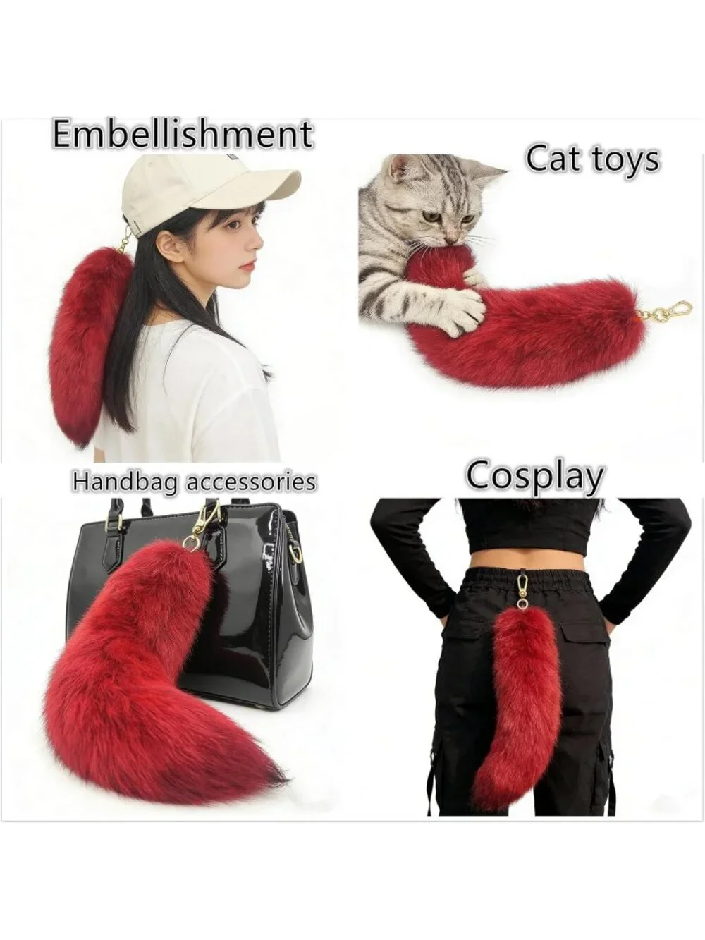 Women's Red Fluffy Fox Tail Cosplay Keychain Birthday Party Costume Handbag